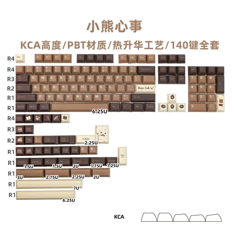 Imagem -04 - Cute Little Bear Keycap para Teclado Mecânico Perfil Kca Marrom Sublimação de Tintura Pbt Interruptor mx com Iso Enter 140 Chaves