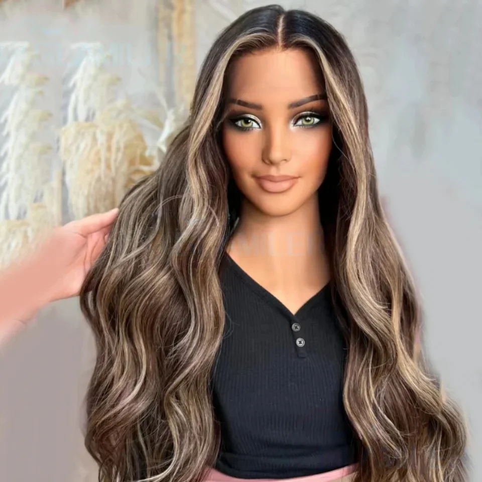 

Натуральные еврейские волосы Highlight Brown, без клея, мягкие, длинные, с эффектом волн, 5x5, на шелковой основе, с HD-кружевом, европейские волосы, с baby hair, предварительно выщипанные