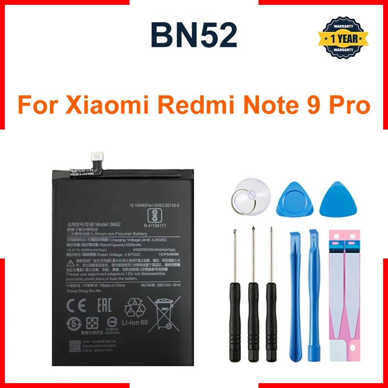 BN52 Xiao mi BN52 5020mAh Battery for Xiaomi Redmi Note 9 Pro+Tools