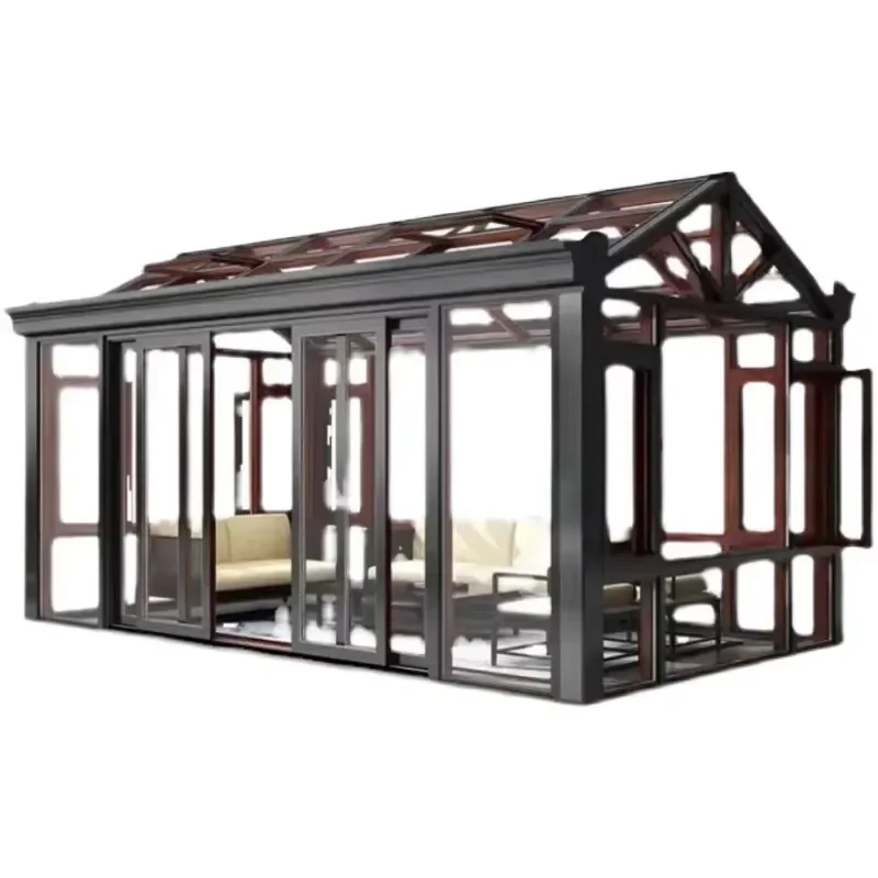 Four Seasons Clear Prefabricated Outdoor Porch Villa with Foldable Glass Sunroom Polygon Roof Sun Garden & Patio Use