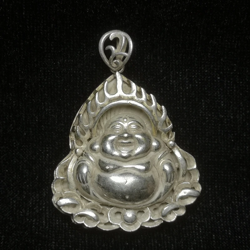 YIZHU CULTUER ART Size 2 Inch Old Chinese Tibet Silver Handmade Happy Maitreya Statue necklace Pendant Gift Collection