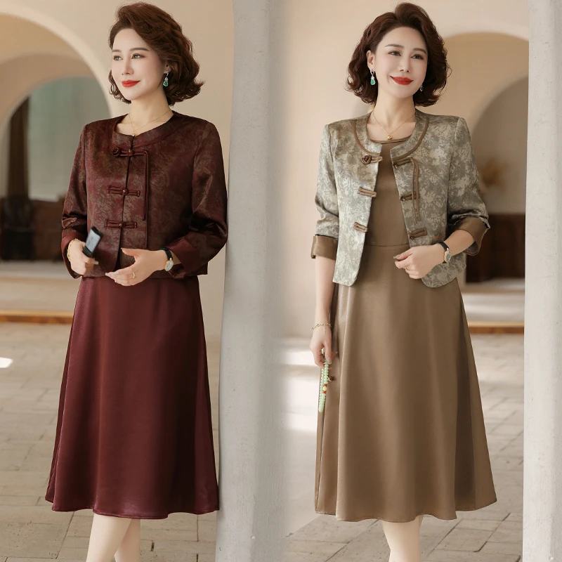 

Women Temperament Middle Aged Mother Slim Party Elegant Dresses Sleeveless Midi Dress Women jaxket Sets Vestidos