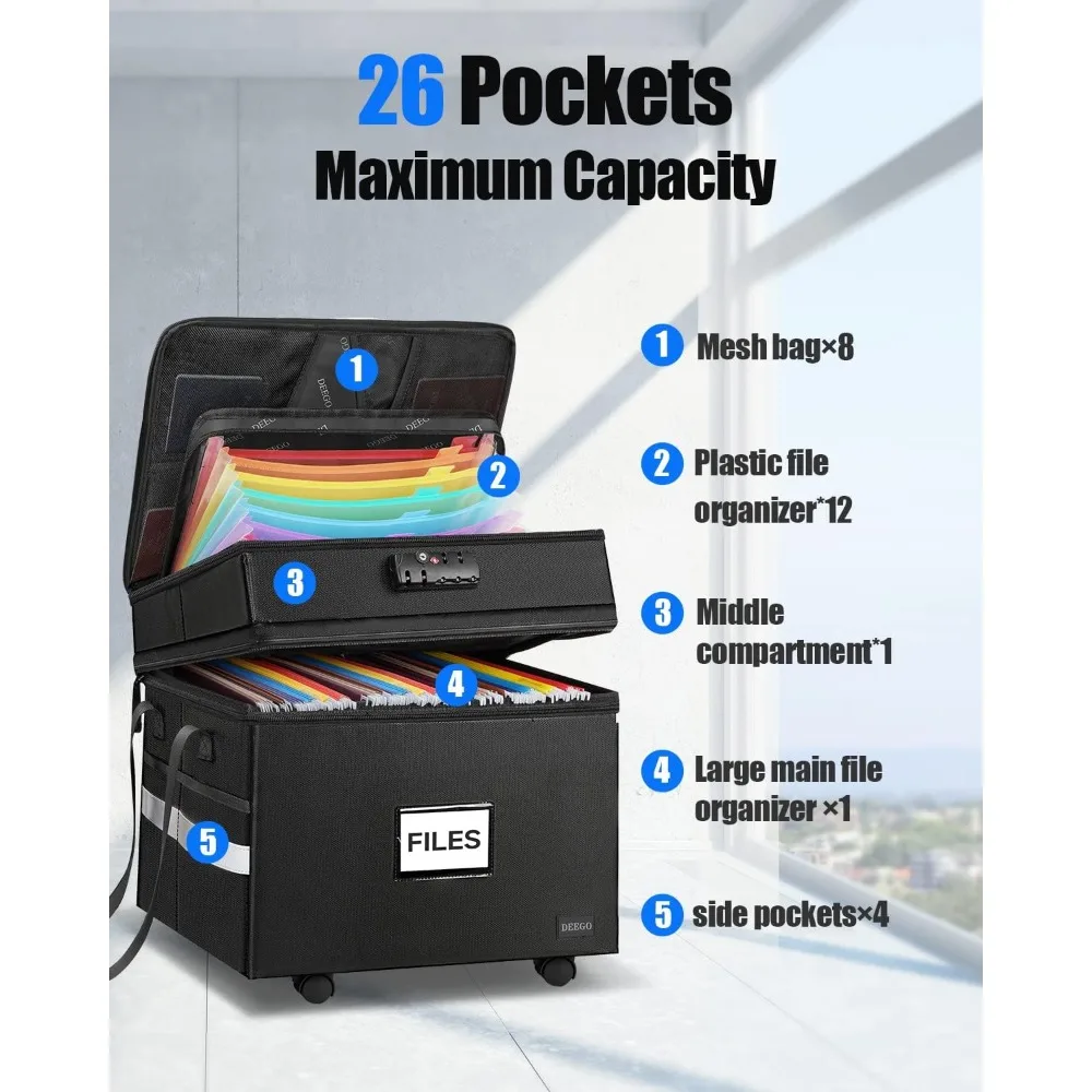 Rolling File Box, Fireproof Document Box with Wheels Multi-Layer Water-Resistant File Organizer Portable Cabinet Filing Cabinets