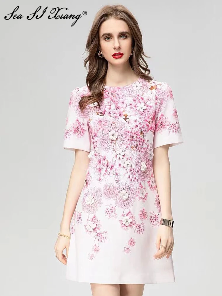 

Seasixiang Fashion Designer Summer Dress Women O-Neck Short Sleeve Beading Appliques Vintage Floral Print Dresses