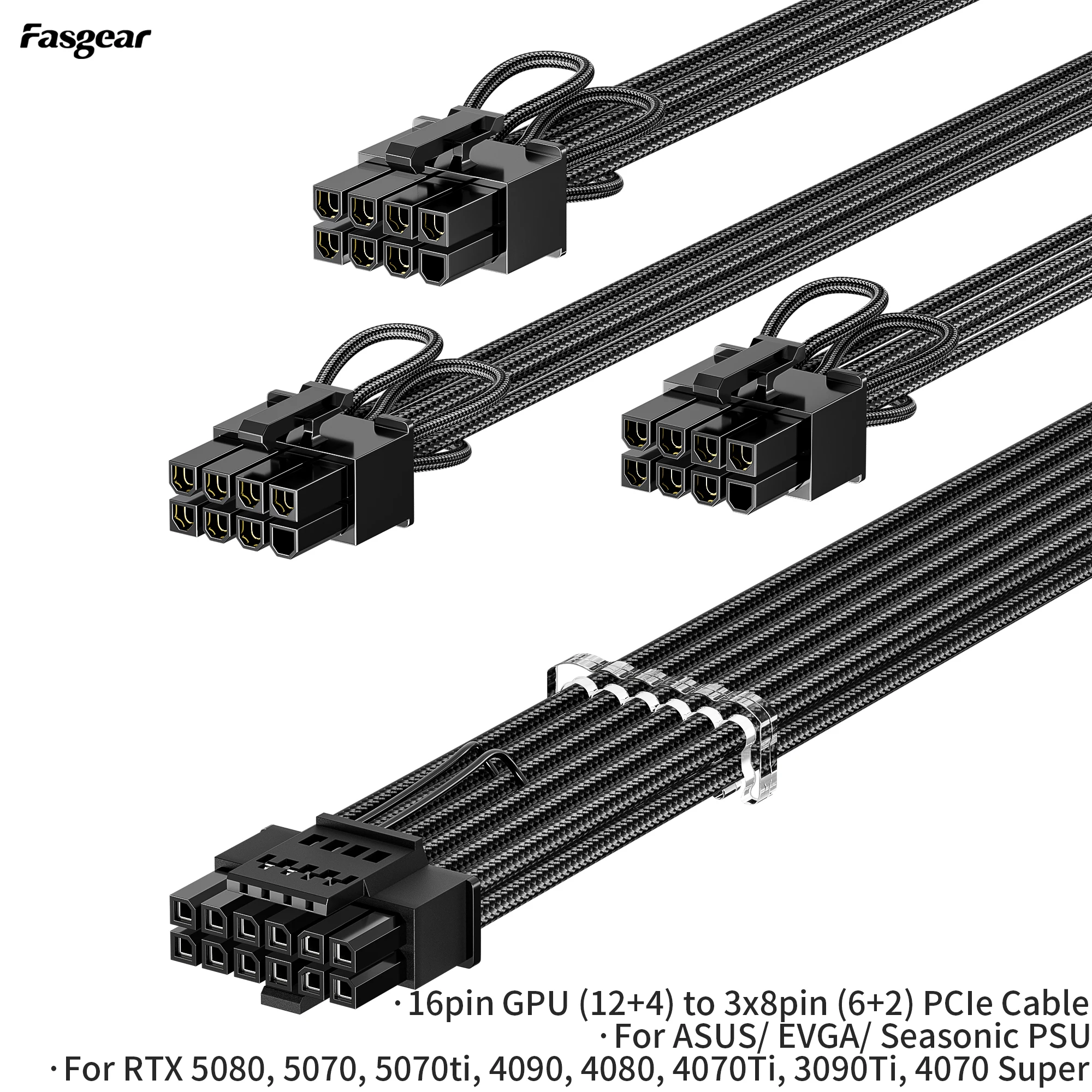 Fasgear PCIe 5,0 GPU Cable de alimentación con funda 70cm 12VHPWR conector Compatible con RTX 3090 Ti 4090 5070 5090 para ASUS EVGA Seasonic