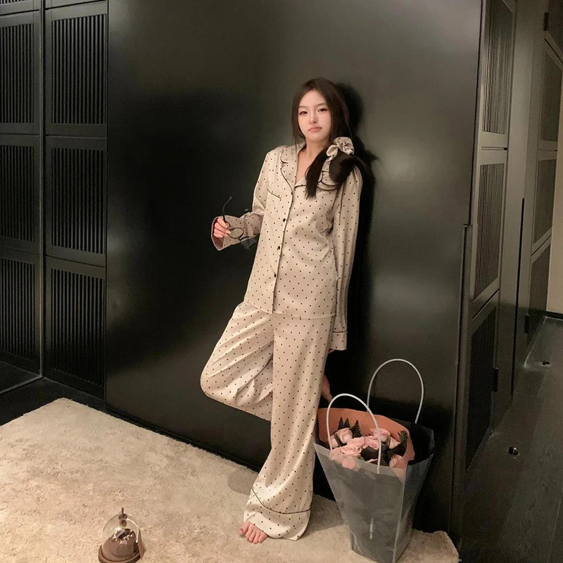 Polka Dot Sleepwear Women Pajama Sets Korean Piiama Autumn Bow Night Wears Long Sleeve Home Suit Button Pocket Sets 2 Pieces New