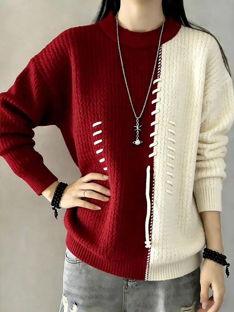 

Красный мужской зимний вязаный свитер Red Luy Year Lazy Aosphere Color Blo Base Layer Youth Vitali из полиэфирного волокна, длинный рукав