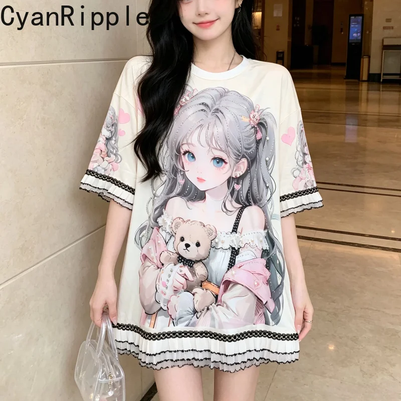 

2026 New Summer Cartoon Princess Printed Half Sleeve Women T-shirt Elegant Lace Splicing Round Neck Mid-long Loose Tees Dress