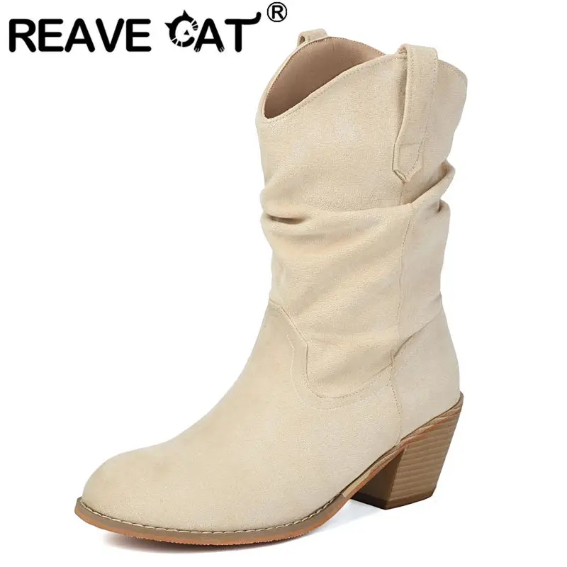 

REAVE CAT 2025 Новые ботинки в стиле вестерн с круглым носком из флока и замши на массивном каблуке 6 см без шнуровки плюс размер 45 46 47 Модные мягкие повседневные ботильоны