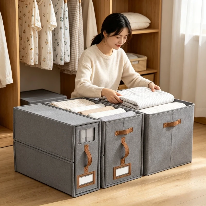 Organizador de Armario Plegable para el Hogar, Caja de Almacenamiento de Tela de Lino con Ventana Transparente para Sábanas, Fundas de Almohada y Ropa de Cama