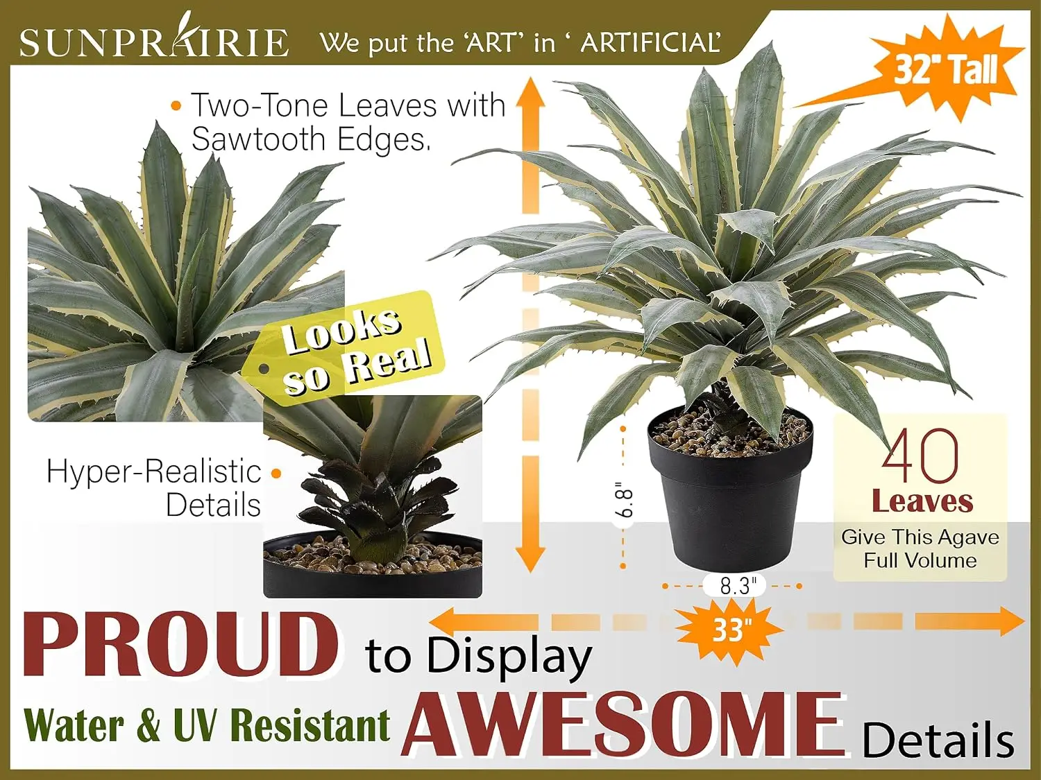Artificial Agave Plant, 32 Inch Tall Large Faux Agave with Two-Tone Sawtooth Edged Leaves, Planted in Black Pot with Real Stone Pebbles, Indoor Outdoor Fake Plants