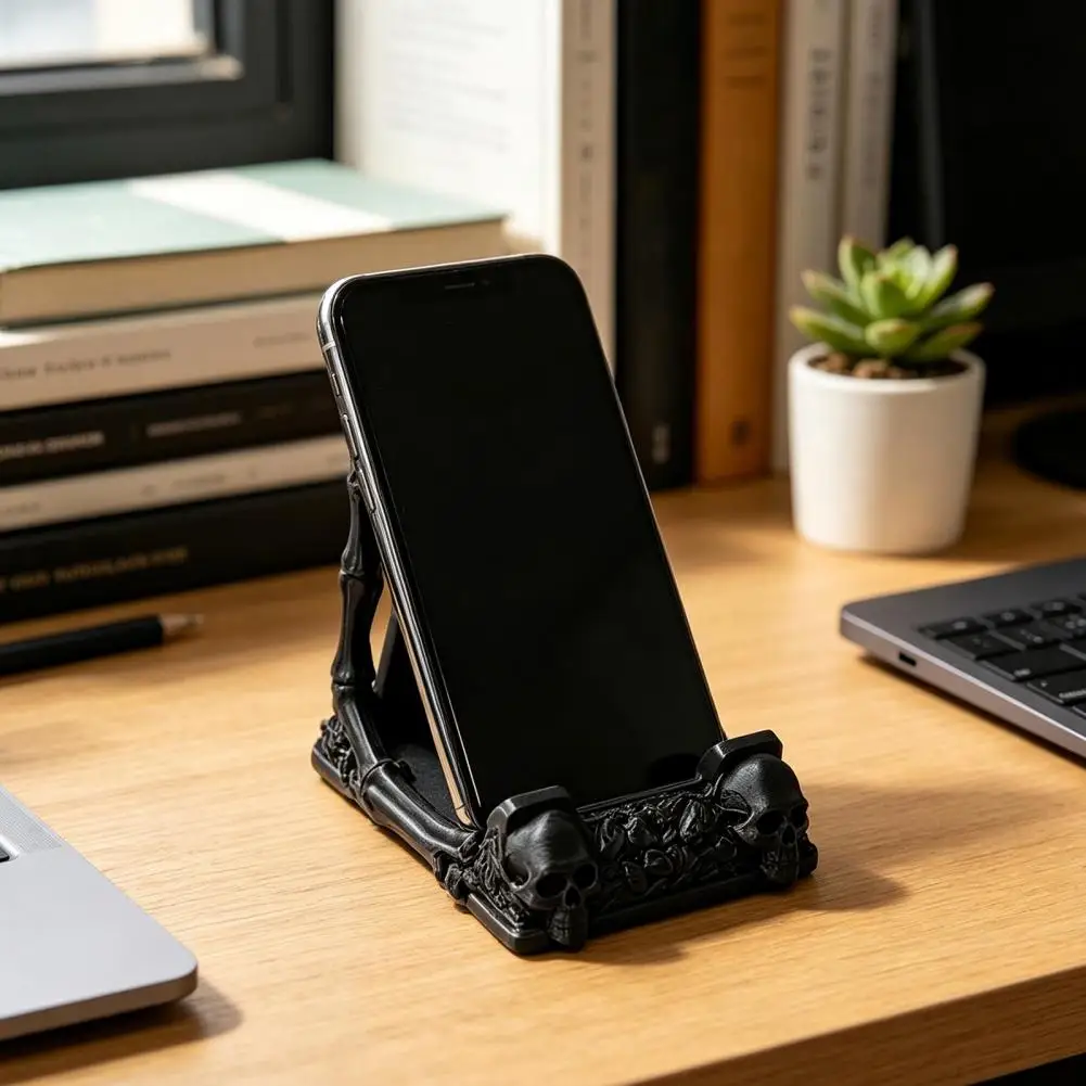 Personalized Soft Furnishings Phone Holder Skull Phone Holder Stand 3d Printed Matte Black Skeleton Design Stable for Phones