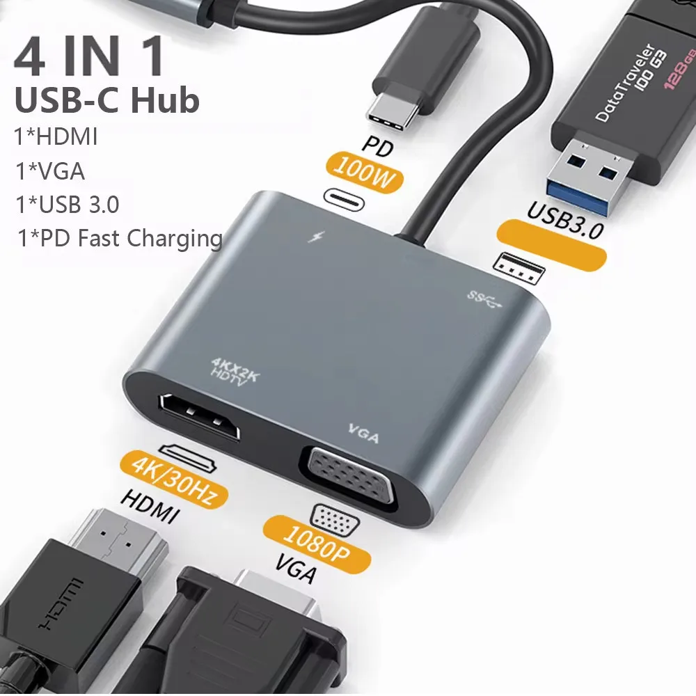 

TYPE-C к HDMI + VGA Четыре в одном Док-станция расширения 4K HD PD USB Кабель-концентратор для быстрой зарядки