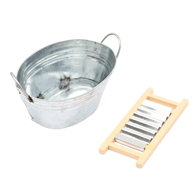 1Set 100% nieuwe en hoge kwaliteit Poppenhuis Miniatuur Wasbord Ijzeren Emmer Badkamer Model Decor Speelgoed Poppenhuis Accessoires