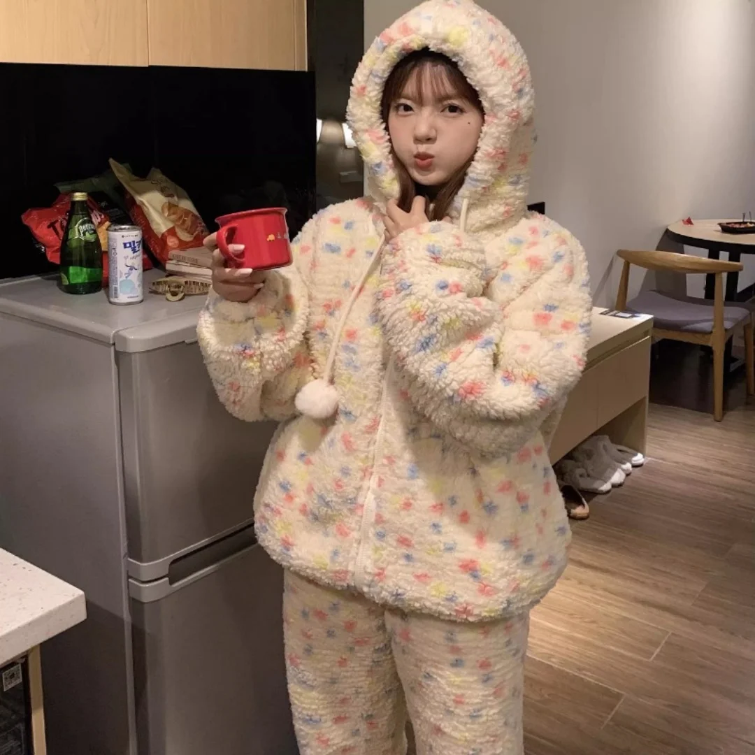 Winter Colorful Polka Dots Pajamas Long Warm Coral Fleece Bathrobe Cute Funny Home Wear Set for Women Halloween Christmas Gifts