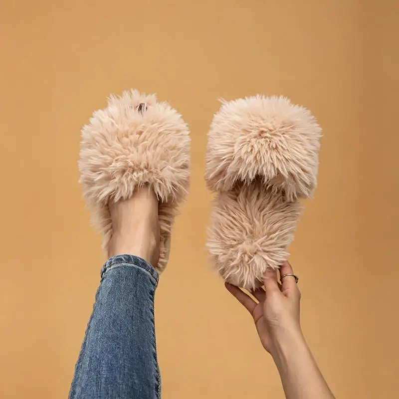 2026 Winter Fashion Fluffy Fur Cotton Slippers Warm Long Plush Women Indoor Slippers Faux Fur Light Weight Home Slides for Women