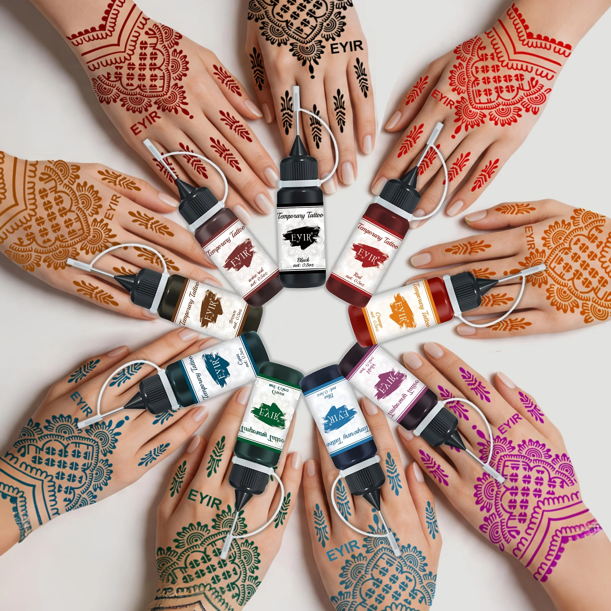 EYIR 12 Colors Henna Tattoo Paste Kit Temporary Body Art Ink With Hand Stencils Floral Mandala Templates DIY Painting Set view 2