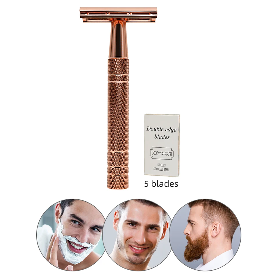 ทองคำสีกุหลาบมีดโกนคลาสสิกคู่ขอบมีดโกนสำหรับบุรุษและสตรีกำจัดขน10ใบมีดโกนหนวดเครื่องโกนหนวดด้วยมือหญิง