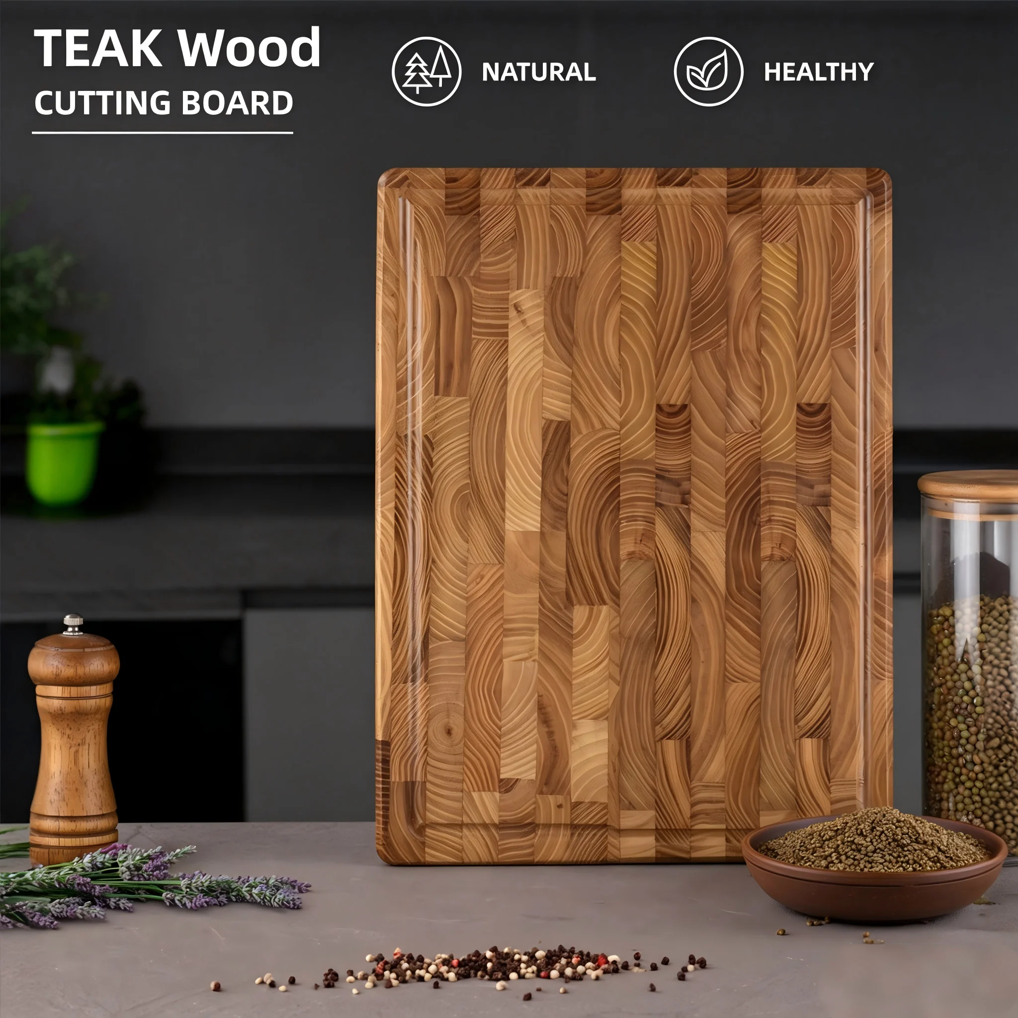 Teak Wooden End Grain Cutting Board, Butcher Block, Chopping Board Multipurpose For Kitchen with Juice Groove & Inner Handles