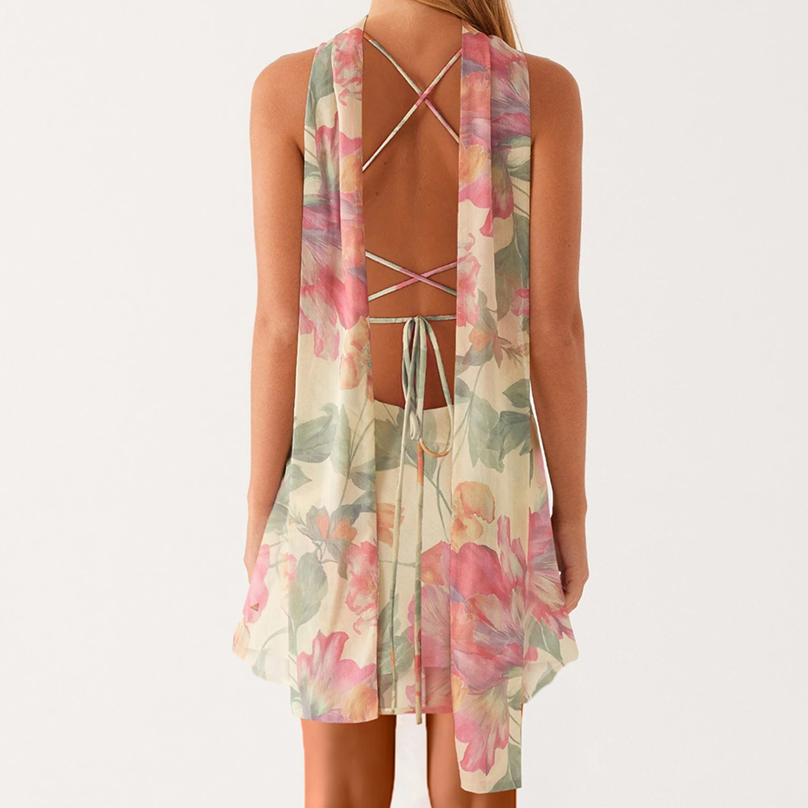 Combhasaki ผู้หญิงพิมพ์ลายดอกไม้/สีทึบแขนกุดคอวีฤดูร้อนเปลือยข้ามผูกสั้นชุดมินิ Cami กับเค้นคอผ้าพันคอ