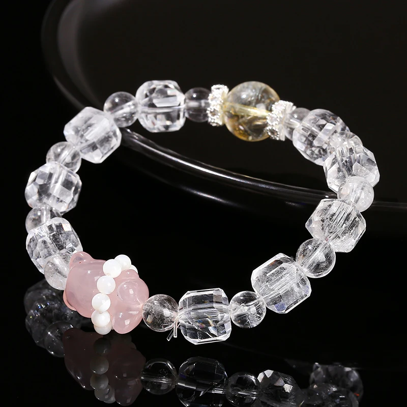 JD Natural Rock Quartz Square Madagascar Rose Quartz Carved Bear Bracelet Women Luxury Design Handmade Charm Bangles Party Gift