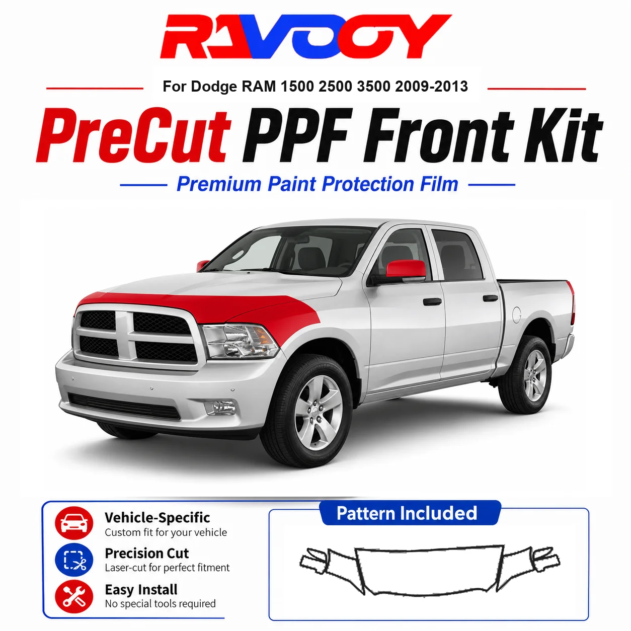 

8.5mil TPU Precut PPF Kit For Dodge RAM 1500 2500 3500 2009-2013 - Hood, Fenders & Mirror Set - Self-Healing Clear Bra Film