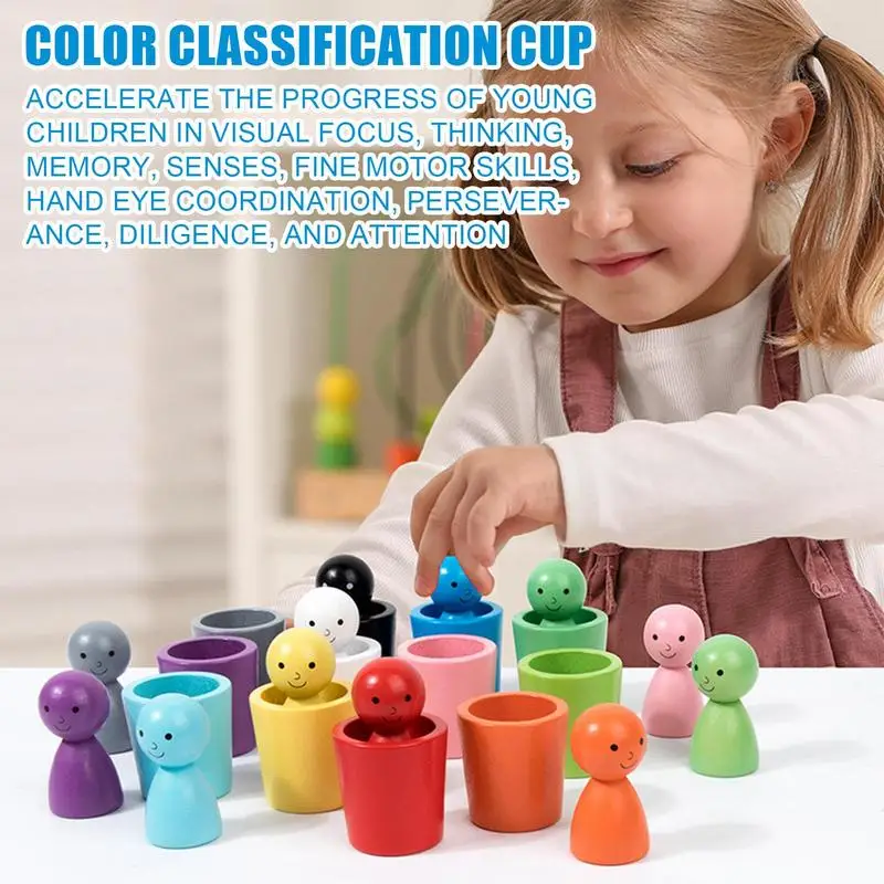 Baby Montessori Wooden Color Sorting Cup Toys Rainbow Balls And Cups Peg Dolls Early Educational Toys Game Gifts for Children