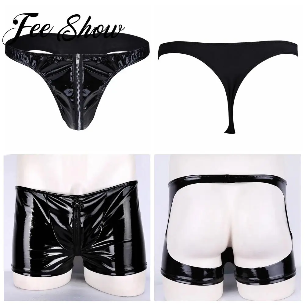 Men Sexy Lingerie Patent Leather Briefs Bikini Underwear Underpant with Front Zipper for Beach Party Clubwear Swimwear Nightwear