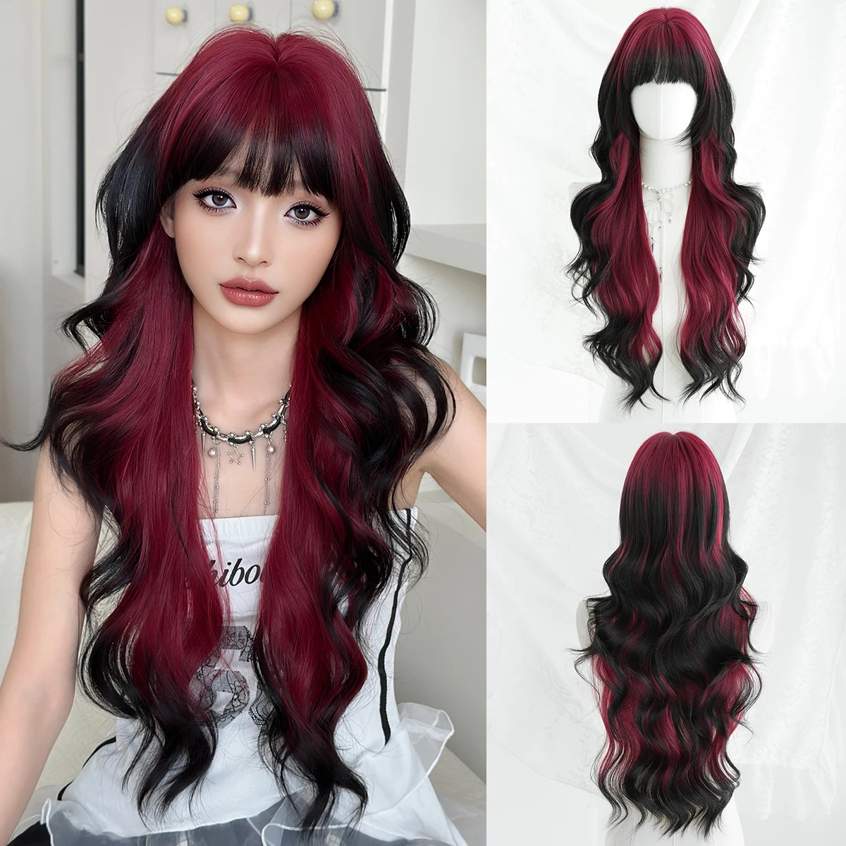 7JHH WIGS Lange Wasserwellen-Perücke in Schwarz-Ombre-Rot für Damen, Synthetische Modische Perücke zum Sofortigen Tragen in Weinrot mit Gepflegtem Pony