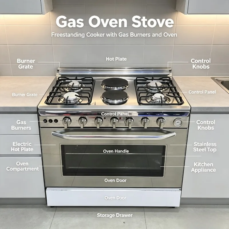 900mm Wide 4 Gas 2 Electric Burner Cooker Combined Gas Oven Stove Integrated Kitchen Cooking Appliance For Commercial Restaurant