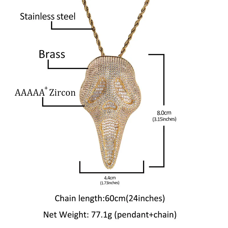 

Ожерелье с подвеской в виде кричащего скелета в стиле хип-хоп, инкрустированное камнями CZ 5A+, для мужчин, рэперские украшения, золотистого и серебристого цвета
