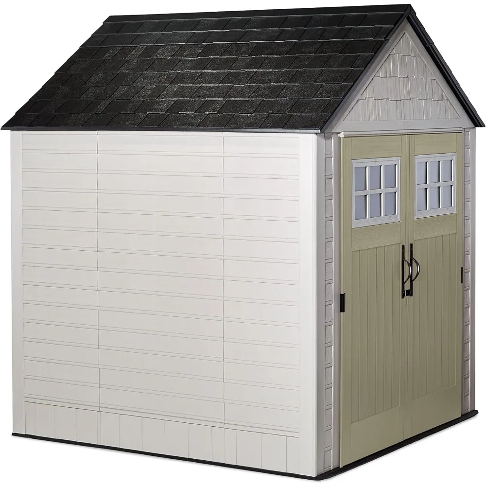 Resin Outdoor Storage Shed With Floor (7 x 7 Ft), Weather Resistant, Beige/Brown, Organization for Home/Backyard/Garden Tools