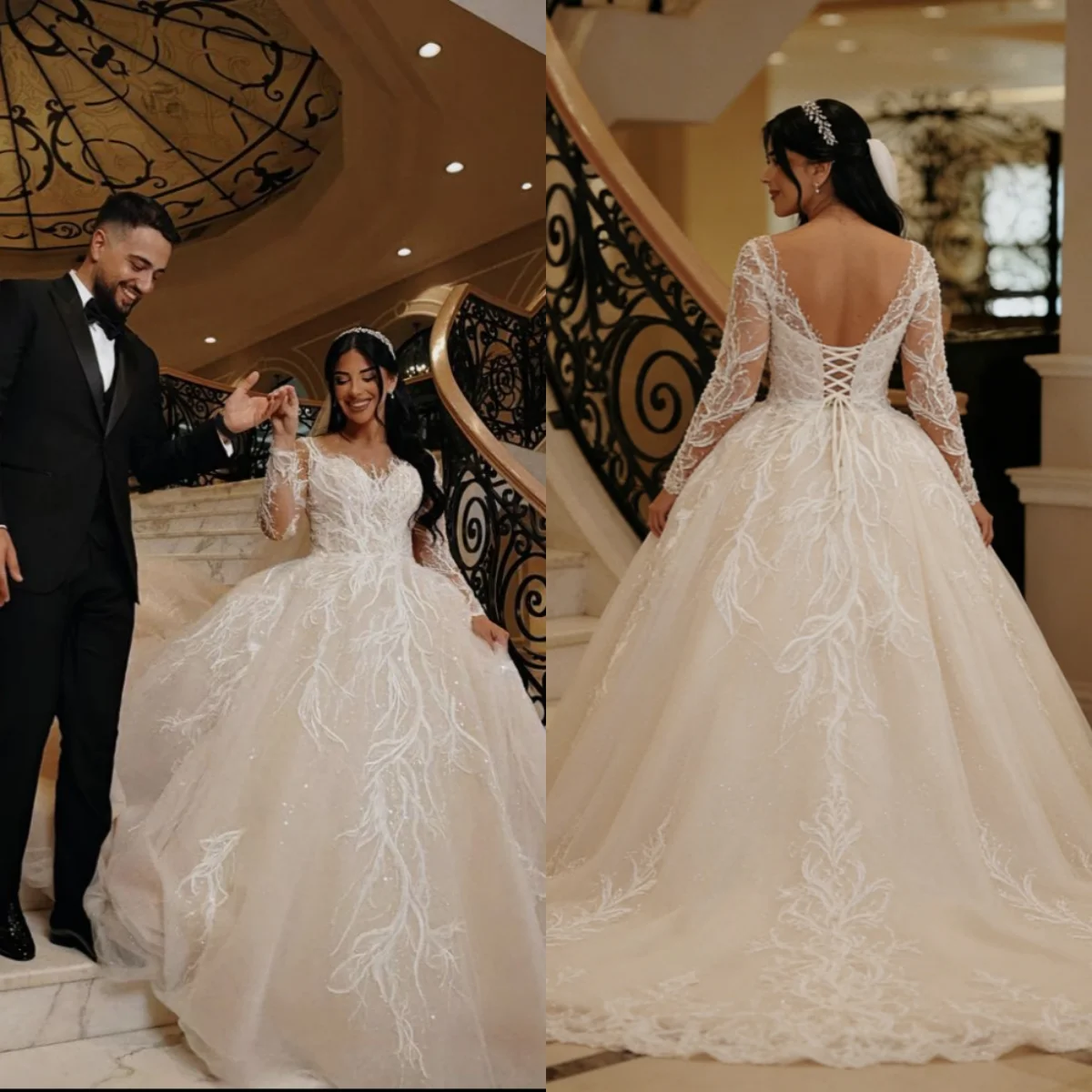 

2026 New Elegant Sheer Long Sleeve Ball Gown Wedding Dress Luxury Lace Appliqué Bridal Gown Vestido De Novia Custom