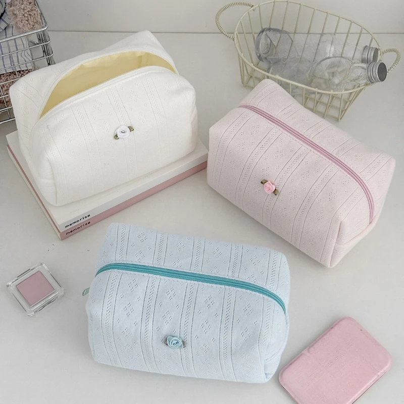 Women's Lace Bow Floral Makeup Bag Large Capacity Toiletry Bag Travel Cosmetic Organizer Cute Korean Portable Pouch for Women