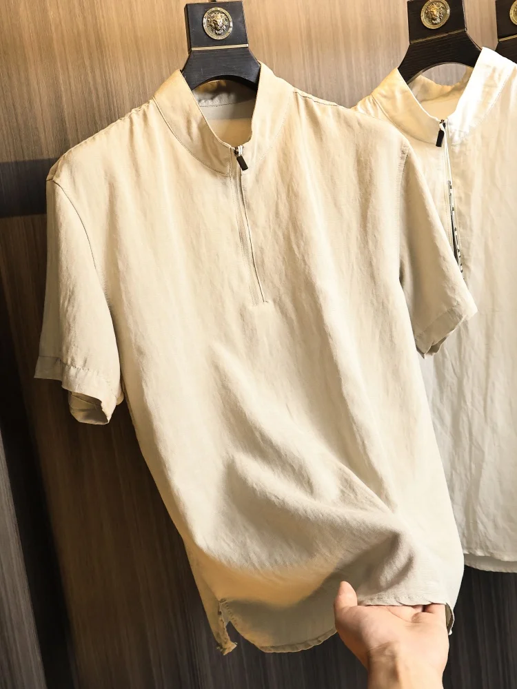 

Linen Material High-End Line Men's Summer Cool Feeling Half Zipper Short Sleeve Stand Collar Shirt Modern Style Fashion Urban