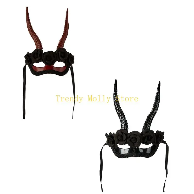 

N5KB Festive Black Half Face Mask Detailed Horn Carvings Lightweight Design For Halloween Costume Completing