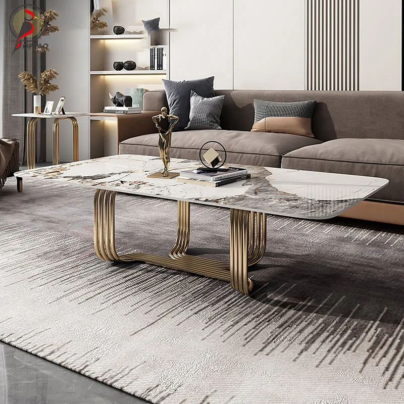 Minimalist rock slab coffee table apartment living room rectangular light luxury stainless steel modern wabi sandy wind design