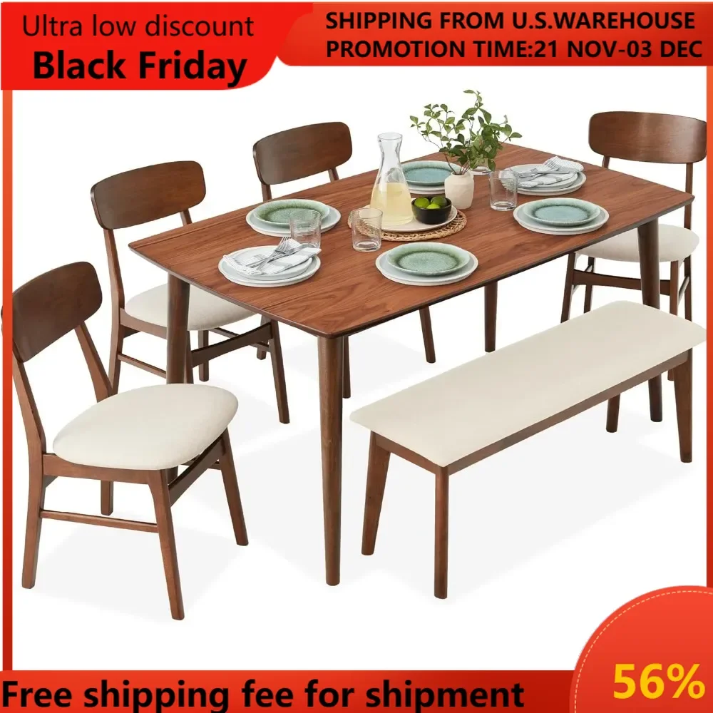 

6-Piece Wooden Dining Set, Mid-Century Modern Table & Upholstered Chair Set w/Bench Seat, Rubberwood Legs dining table set