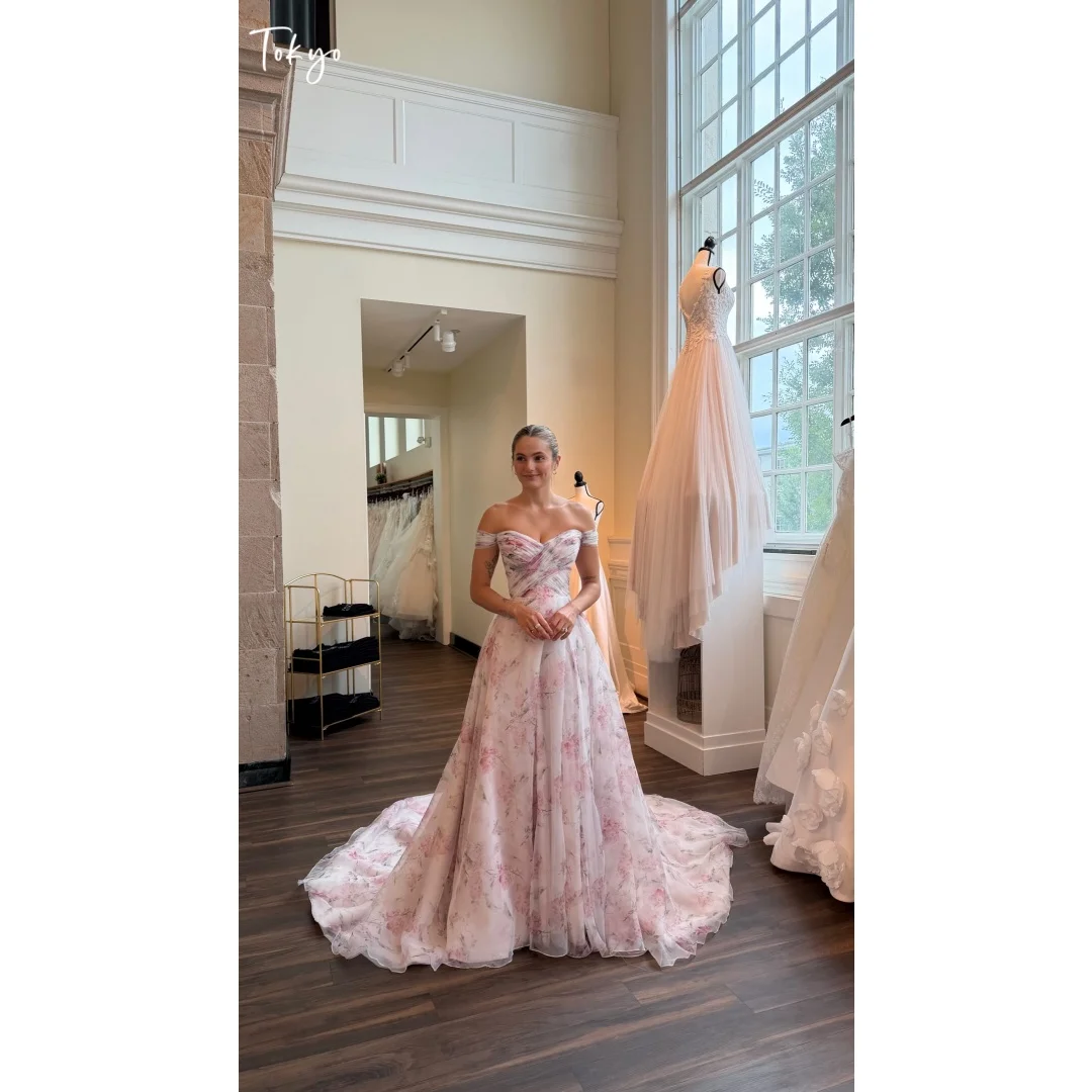 Tokyo Customized Off the Shoulder A‑Line Wedding Dress Draped Chiffon vestidos de noche Watercolor Floral Print Evening Dresses