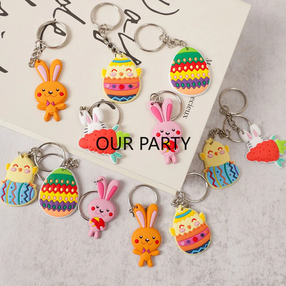 12Pcs Cartoon Carrots Rabbit Eggs PVC Keychains Backpack Pendant for Kids Birthday Party Favors Happy Easter Gift Pinata Fillers