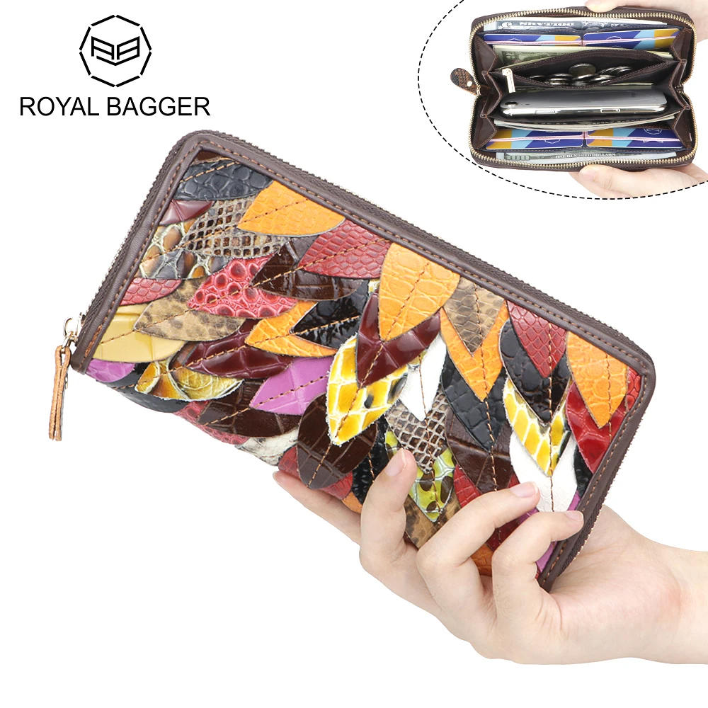 

Royal Bagger Vintage Long Wallet, Genuine Leather Color Stitching Clutch Purse, Women's Multi-card Slots Card Holder 1787