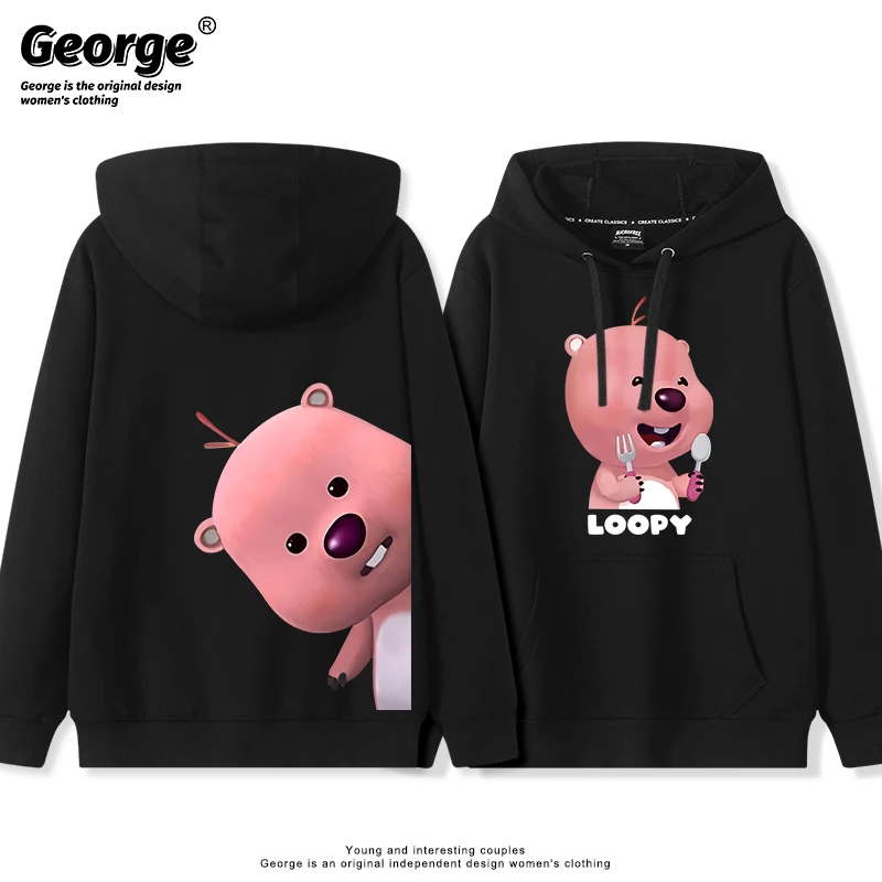 Miniso جديد الكورية نمط لطيف الكرتون Loopy الرموز التعبيرية طباعة مقنعين زوجين سترة فضفاضة كلية سترة الاتجاه مضحك الخريف والشتاء