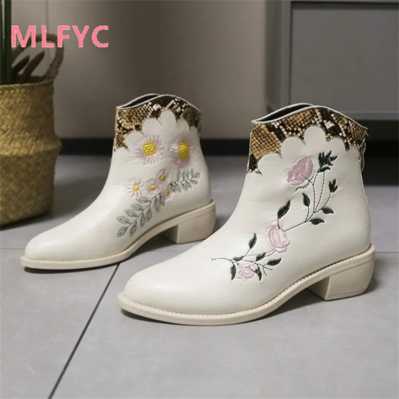 Thick heeled short boots for women spring and autumn single boots ethnic style short boots for women large round toe comfortable