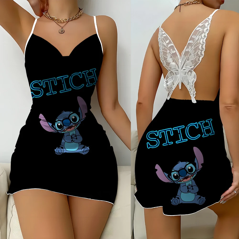 

Summer back lace butterfly nightgown ladies backless fashion casual dress Disney Stitch print women sexy nightgown