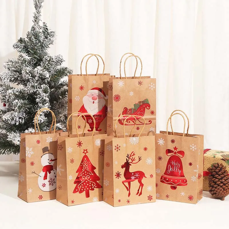 

12pcs Mix Handles Christmas Gift Bag Kraft Paper Bags Santa Claus Present Bag 2024 New Year Gift Packaging Xmas Party Favors Bag