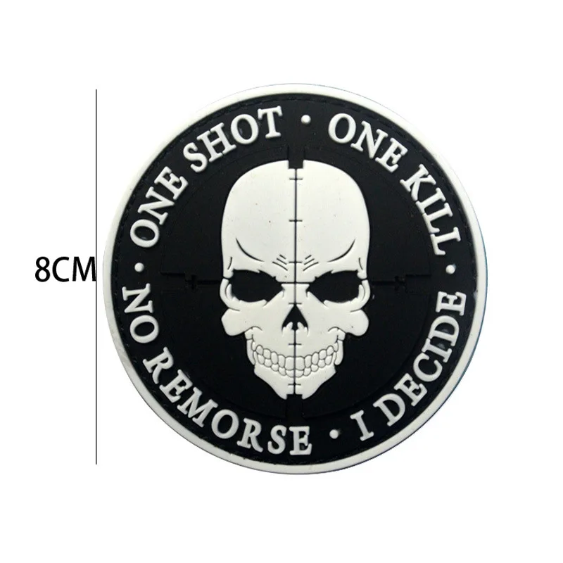 One Shot One Kill Sniper PVC Morale Patches No Remorse I Decide Send it Rubber Skull Airsoft Decorative Patches For Clothing