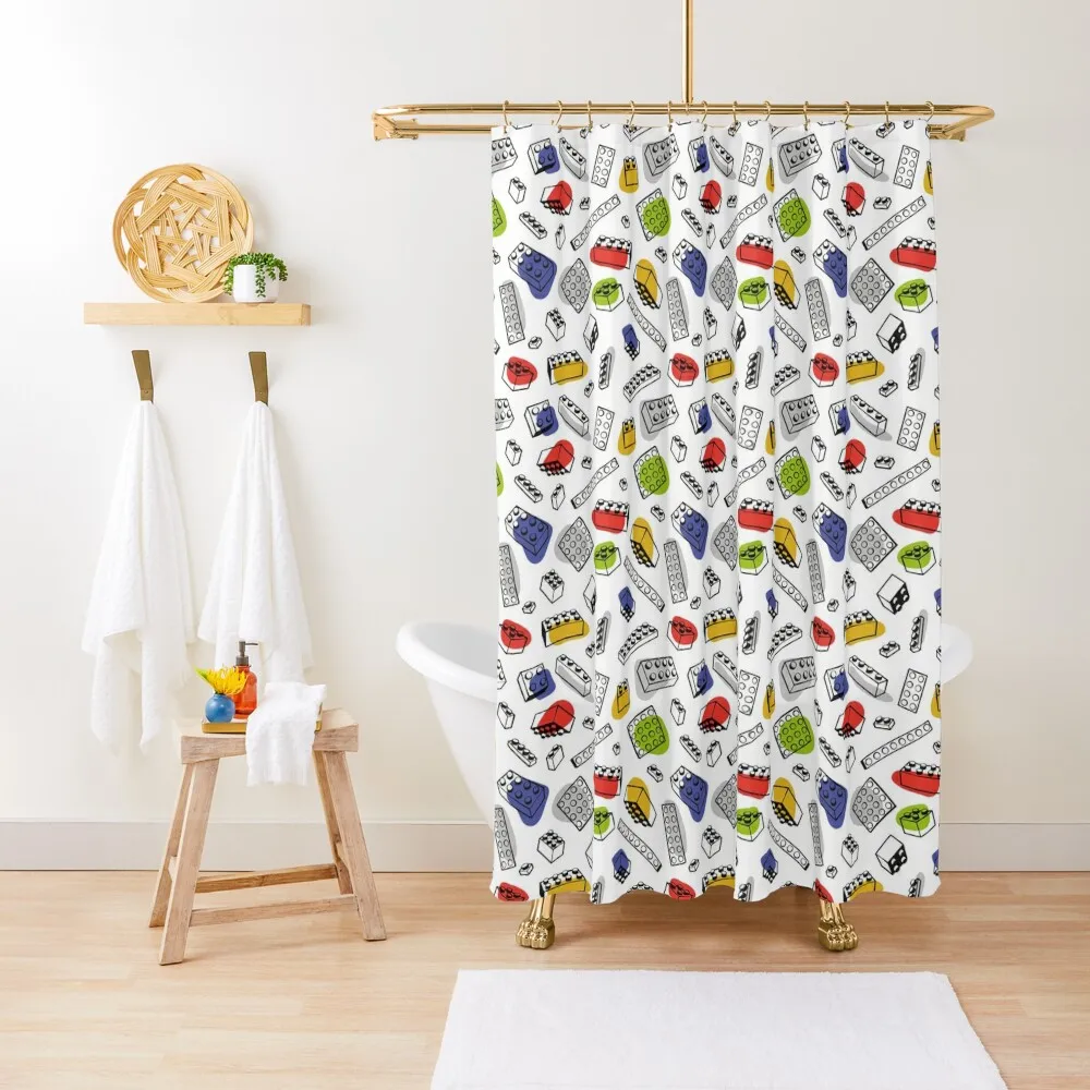 

Play with me // white background blue red orange shade green grey and mustard yellow kids plastic building bricks Shower Curtain