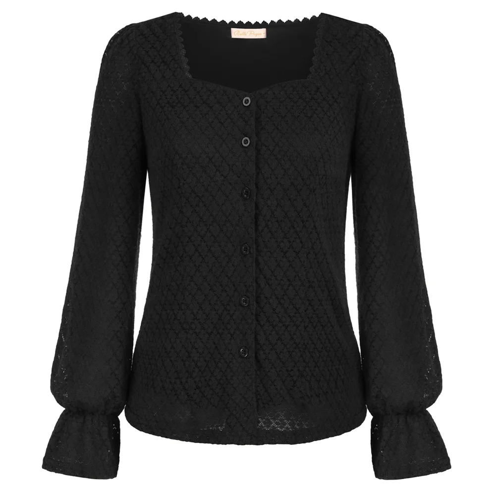 

BP Women Vintage Lace Tops Puffed Long Sleeve Square Sweetheart Neck Button-up Tops Sold Hollow Out Shirts Office Lady Workwear