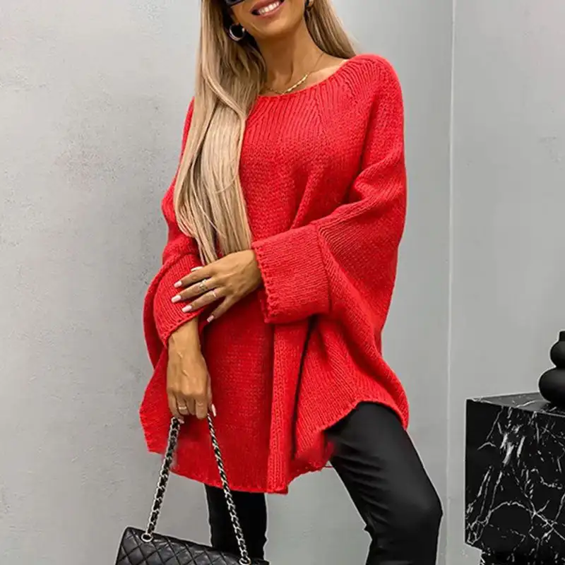 Women’s Sweater Tops Casual Knitted Long Sleeve Cape Sweater Solid Color Knitted Pullover Cape Round Neck Shawl Crochet Sweater