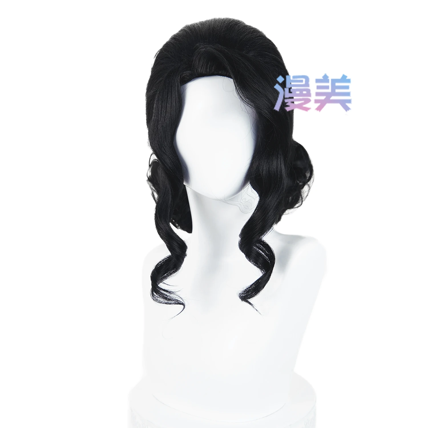 Anime Muzan Kibutsuji Cosplay Perücke Muzan Schwarzes lockiges Haar mit einem Haarknoten für Comicon Party Erwachsene Frauen Männer